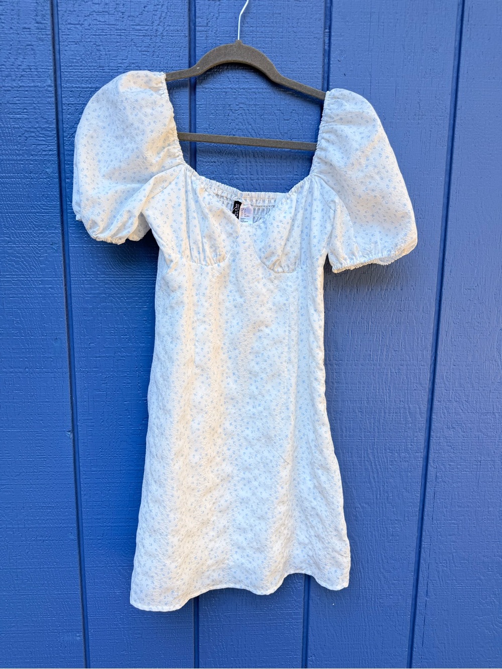 White with Light Blue Flowers Puff Sleeve Dress